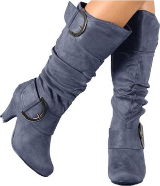 Generic Slim Calf Knee High Boots, Long Boots for Women Stretchy Shoe Wide Calf Warm Boot Heels Winter Flexible Shoes Suede Comfortable Leather Grey 5.5
