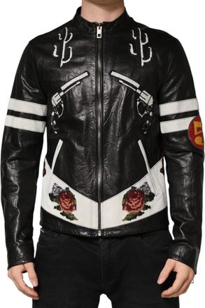 Dolce & Gabbana Black Guns N Roses Fullzip Men Biker Jacket Lambskin Calfskin Clothing