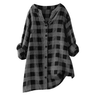 Generic Ladies t-Shirts Womens Checked Tops Casual 2026 Fashion Plus Size Button Down Flannel Shirts Long Sleeve V Neck Summer Top Dressy Plaid Lounge Loose S