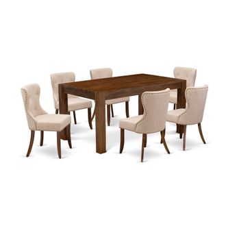 East West Furniture 7-Pc Dining Room Table Set- 6 Padded Parson Chairs with Light Tan Linen Fabric Seat and Button Tufted Chair Back