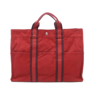 Herm&egrave;s Bordeaux Red Color Canvas Handbag Tote Bag (Pre-Owned)