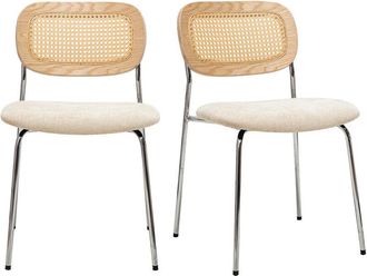 Miliboo Sillas De Dise&ntilde;o En Tela Efecto Terciopelo Texturizado Beige, Metal Cromado Y Tejido De Rat&aacute;n (set De 2) Miranda