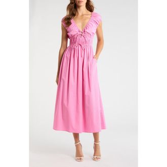 Wayf Liv Ruched Stretch Cotton Poplin Midi Dress in Poppy Pink at Nordstrom, Size X-Small