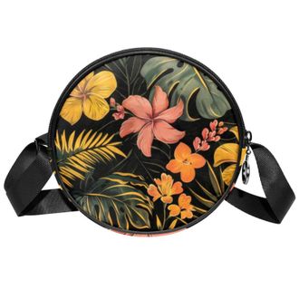 Generic Circle Crossbody Bag for Women, Tropical Plants Small Sling Bag Daypack with Zipper Adjustable Shoulder Straps Casual Ladies Girls Round Purse