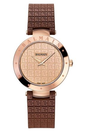 Balmain ia Bijou Watch, 33mm in Rose Gold Steel/Brown Rubber at Nordstrom