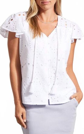 Tribal Cap Sleeve Blouse With Eyelet Embroidery In White