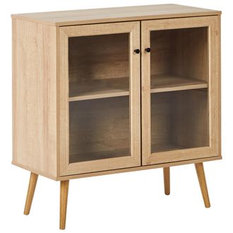 Beliani Aparador 2 Puertas 1 Estante Tablero De Part&iacute;culas Patas De Madera De Pino Frente De Vidrio Marr&oacute;n Claro Albany