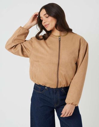 Brave Soul Giacca bomber in camoscio sintetico color cuoio con maniche oversize-Marrone