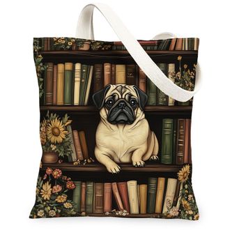Generic Spring Pug Dog Canvas Tote Bag for Shopping 13x15, Flower Bookshelf Puppy Reusable Grocery Print Bag for Women, Fun Pet Beach Aesthetic Painting Gift 