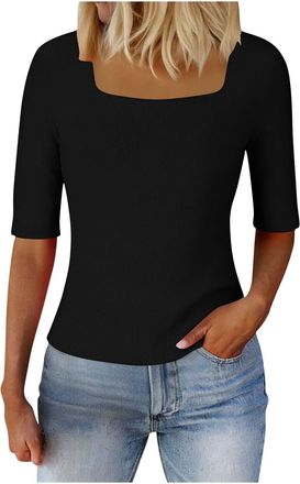 Generic Womens Slim-Fit Half Sleeve Square Neck T-Shirt Slim Fit Soft Half Sleeves T-Shirts Black