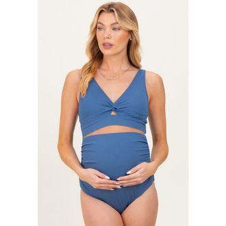 Pinkblush Ribbed Twist Front Cutout Two Piece Maternity Swimsuit in Blue at Nordstrom, Size X-Large