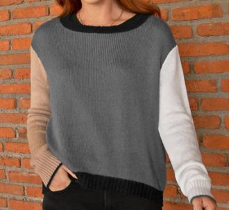 Wooden Ships Colorblock Crew Lightweight Sweater In Grey Stripe