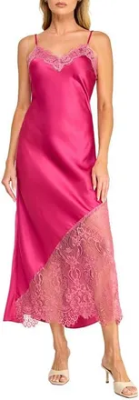 Socialite Lace Trim Satin Midi Slipdress in Magenta Pink at Nordstrom, Size X-Small
