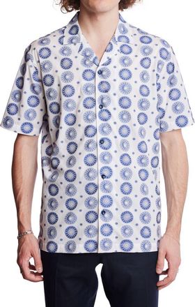 Paisley & Gray Stretch Cotton Camp Shirt in White Blue Sun Moon Jacquard at Nordstrom Rack, Size Xxx-Large
