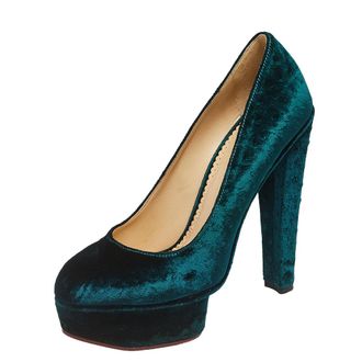 Charlotte Olympia Green Textured Velvet Dolly Platform Pumps
