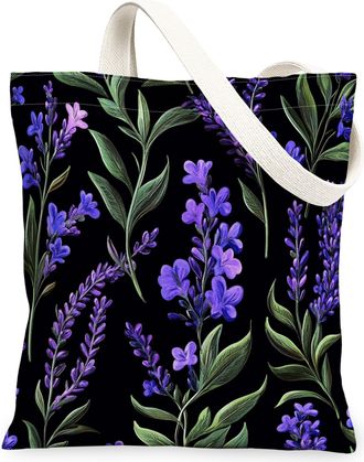 Generic Spring Lavender Flower Canvas Tote Bag for Shopping 13x15, Vintage Retro Florals Reusable Grocery Print Bag for Women, Fun Aesthetic Beach Aesthetic P