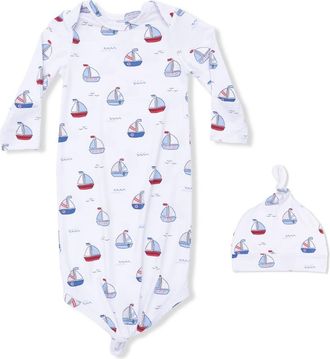 Angel Dear Bubbly Sailboats Knotted Gown & Hat Set in White Blue at Nordstrom, Size 0-3M