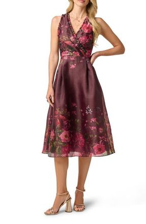 Adrianna Papell Placed Floral Organza Midi Dress in Burgundy Multi at Nordstrom, Size 10