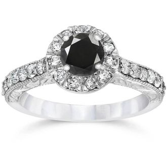 Pompeii3 1 3/4ct Vintage Treated Black Diamond Engagement Ring 14K White Gold Size Selectable