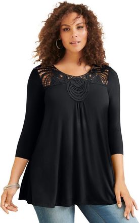 Roaman's Plus Size Crochet Embellished Swing Ultra Femme Tee in Black at Nordstrom, Size 16