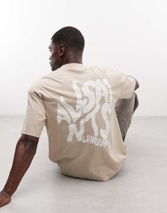 AllSaints Orlando - T-shirt marrone chiaro con logo e stampa sul retro