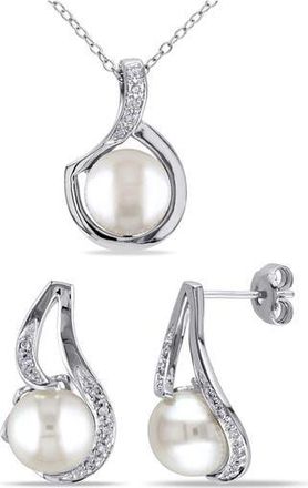Delmar Cultured Freshwater Pearl & Diamond Pendant Necklace & Stud Earrings Set in White at Nordstrom Rack