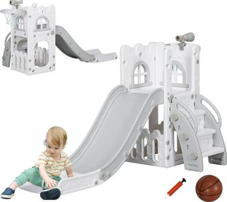 OEM Tobog&aacute;n Infantil 5 En 1 Con Canasta De Baloncesto Telescopio Escalador Y Cesta Inferior Para Interior Blanco Y Gris
