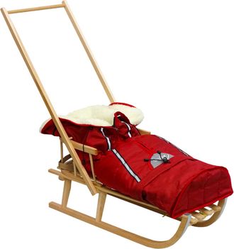 OEM Trineo De Madera Para Ni&ntilde;os Con Respaldo, Empujador Y Saco De Dormir, Madera Maciza Polaca