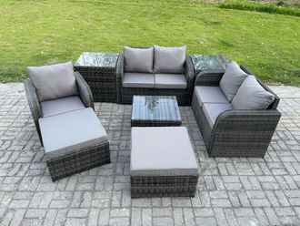 Fimous PE Rattan Garden Furniture Sets Outdoor Love Sofa Chair Set Square Coffee Table 2 Side Tables 2 Big Footstool in Dark Grey