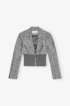 Ganni Grey Jacquard Cropped Blazer - Size 10/12 Acetate