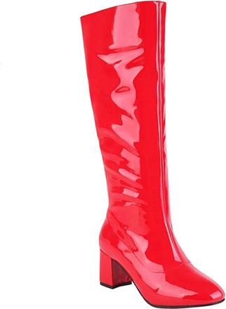Generic Women Knee High Pu Leather Boots Side Zip Round Toe Square Heel Elegant Party Holiday Long Boot