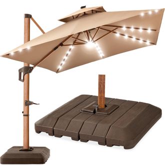 Best Choice Products 10ft Square Woodgrain Pattern 2-Tier Outdoor Solar LED Cantilever Umbrella w/ Base