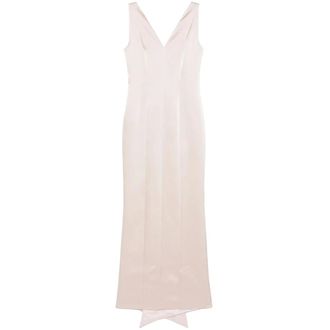 Fely Campo Gowns, female, Pink, S, Pink V-Neck Dress with Rear Slit
