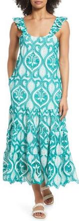 BTFL-life Embroidered Flutter Strap Midi Dress in Kelly Green/Off White at Nordstrom Rack, Size X-Small