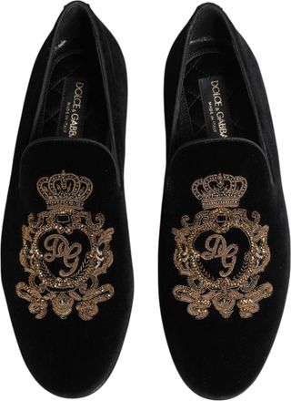 Dolce & Gabbana Black Velvet Gold Crown Mens Loafers Shoes