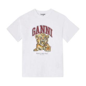 Ganni T-Shirts, female, White, Size: XS Heavy Cotton Jersey Beaded Baby Tiger Print T-Shirt