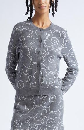 Marimekko Villi Piirto Unikko Jacquard Merino Wool & Organic Cotton Blend Cardigan in Dark Grey Off White at Nordstrom Rack, Size X-Small