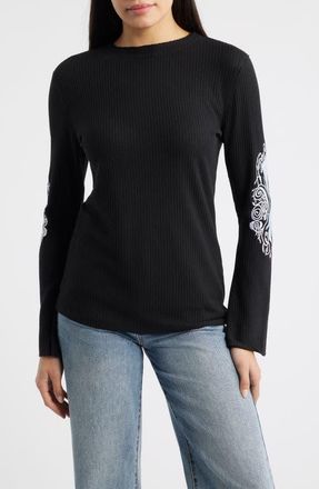 Nikki Lund Lund Embroidered Rib Thermal Top in Black at Nordstrom, Size X-Large