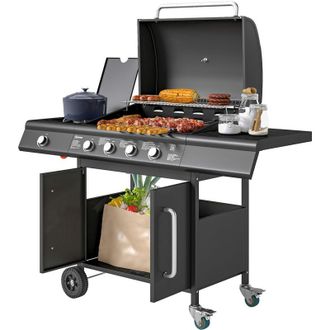 OUTSUNNY Barbecue da Giardino a Rotelle con Fornello, Tavolino e Armadietto Nero