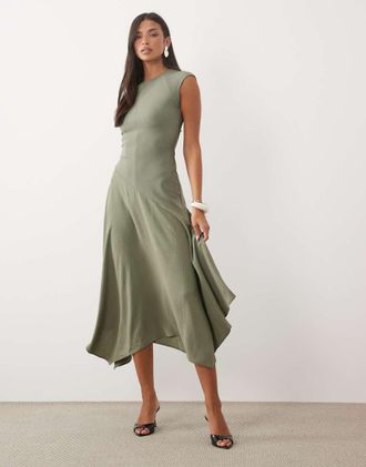 Asos vestito midi ibrido con vita scesa asimmetrica a contrasto color kaki-Multicolore