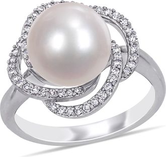 Mimi & Max 10-10.5mm Cultured Freshwater Pearl 1/4ct TW Diamond Swirl Ring 14k White Gold