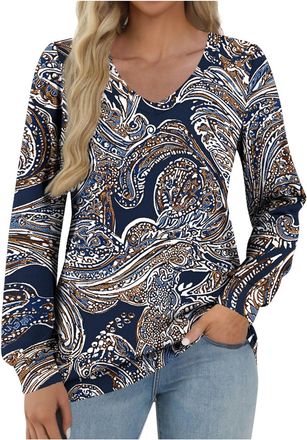 Generic Women Long Sleeve Tops V Neck Cotton Casual Paisley Print Cuff Sleeve Base Layered Pull On Tunics Longline Tee Shirts Jumpers for Summer Autumn Fall G