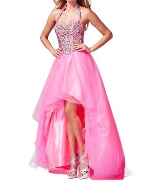 Mac Duggal High-Low Beaded Gown In Neon Pink