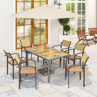 OUTSUNNY Garden Table for 6, Outdoor Dining Table with 5cm Umbrella Hole in Natural