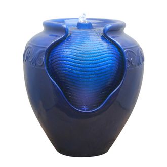 Teamson Home Fuente De Agua Peque&ntilde;a Con Luces Para Jard&iacute;n Y Exteriores, Fuente De Agua De Maceta Azul, Adorno De Cascada Interior Con Bomba, Decoraci&oacute;n De Patio - 