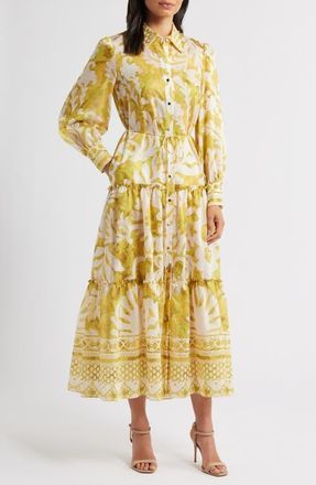 Julia Jordan Mixed Print Long Sleeve Tiered Shirtdress in Yellow/Green at Nordstrom, Size 10