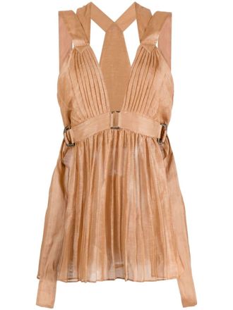 Alberta Ferretti pleated V-neck sleeveless blouse - women - Silk/Linen/Flax - 42 - Brown