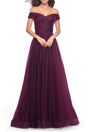 La Femme A-Line Tulle Prom Dress with Off the Shoulder Top in Dark Berry at Nordstrom, Size 4