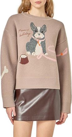 English Factory Embroidered French Bulldog Intarsia Sweater in Taupe Multi at Nordstrom, Size X-Small