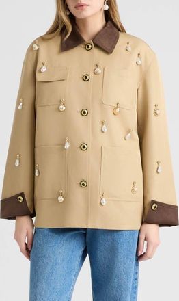 NVLT Faux Pearl Charm Detail Twill Jacket in British Tan at Nordstrom, Size X-Small
